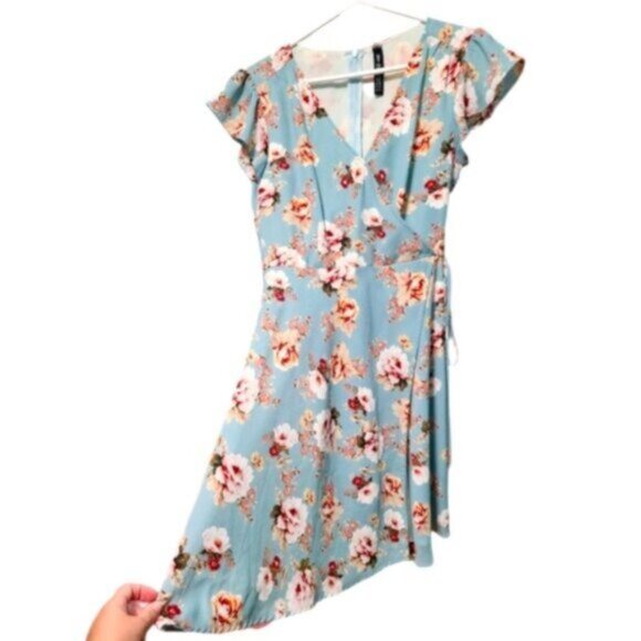 Lord & Taylor Blue Floral Wrap Side Tie Flutter Ruffle Cap Sleeve Mini Dress XS - Picture 1 of 16